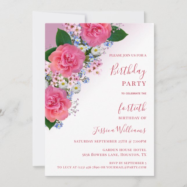 Invitación Moda Esquina Floral Decoración Cumpleaños (Anverso)