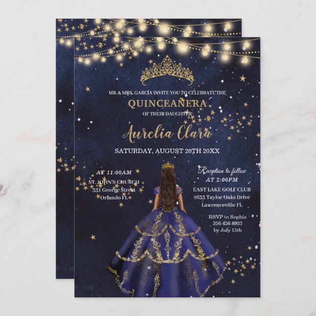 Invitación Moda Estelar Nocturno Vestido Azul Oro Quinceañera (Anverso / Reverso)