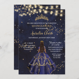 Invitación Moda Estelar Nocturno Vestido Azul Oro Quinceañera