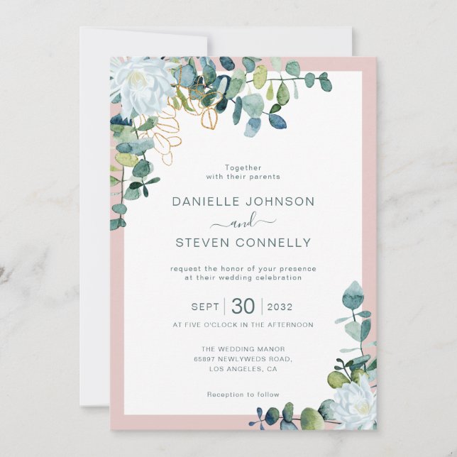 Invitación Moda eucalipto vegetación flores blancas boda (Anverso)