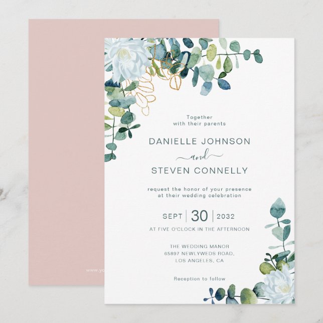 Invitación Moda eucalipto vegetación flores blancas boda (Anverso / Reverso)