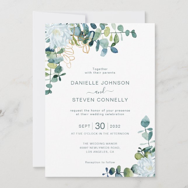 Invitación Moda eucalipto vegetación flores blancas boda (Anverso)