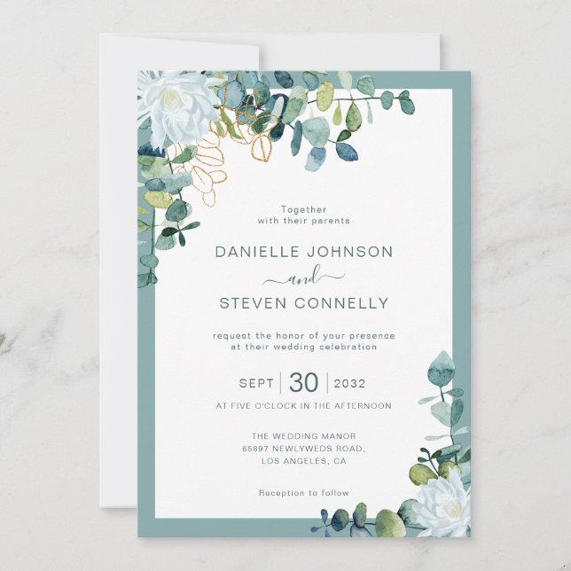 Invitación Moda eucalipto vegetación flores blancas boda (Anverso)