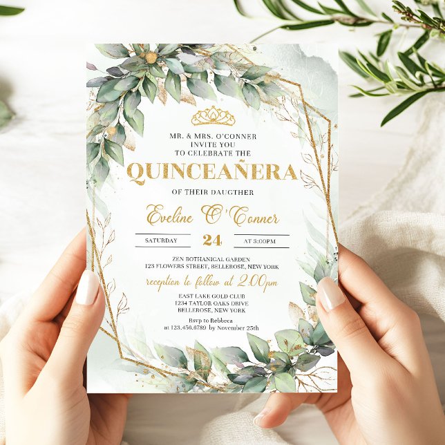 Invitación Moda eucalipto verde purpurina de oro Quinceañera (Lavish eucalyptus greenery gold glitter quinceanera invitation with gold tiara)