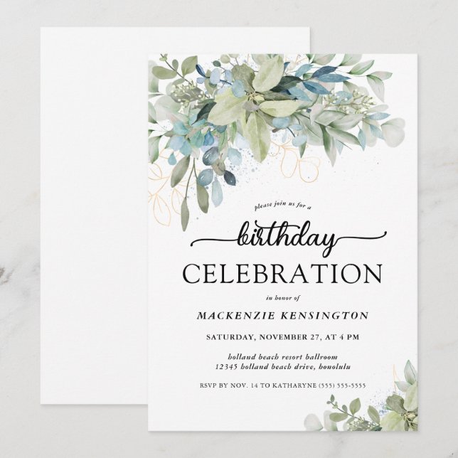 Invitación Moda Eucalyptus Greenery Celebración del Cumpleaño (Anverso / Reverso)