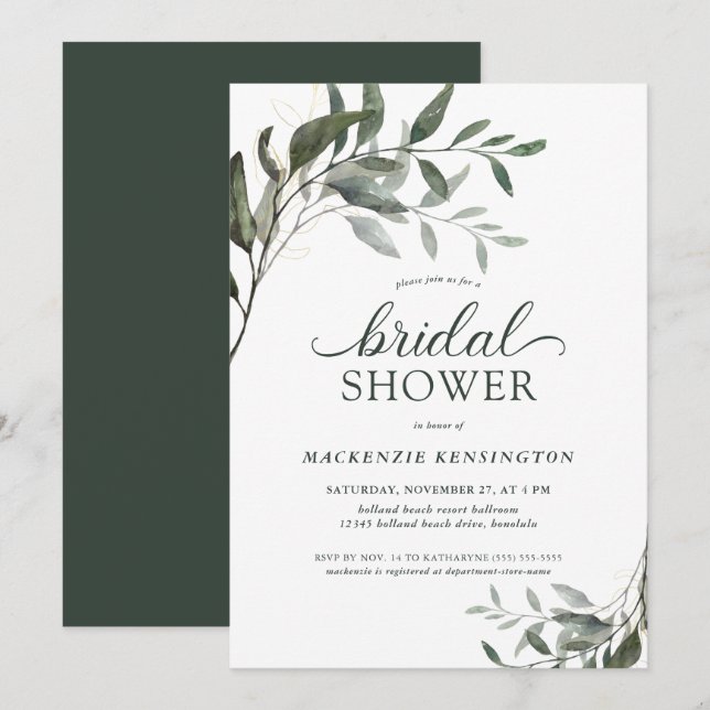 Invitación Moda Eucalyptus Greenery Elegante Ducha Bridal (Anverso / Reverso)