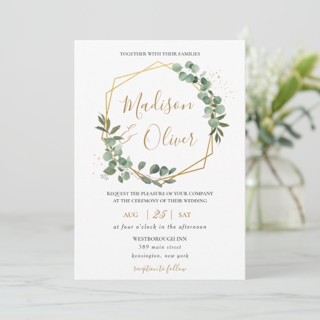 Invitación Moda Eucalyptus Greenery Gold Boda Geométrico (Anverso de pie)
