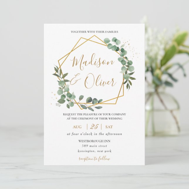 Invitación Moda Eucalyptus Greenery Gold Boda Geométrico (Anverso de pie)