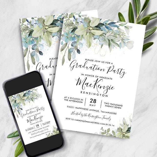 Invitación Moda Eucalyptus Greenery Graduation Party (Chic Eucalyptus Greenery Graduation Party Invitation with Instant Download)