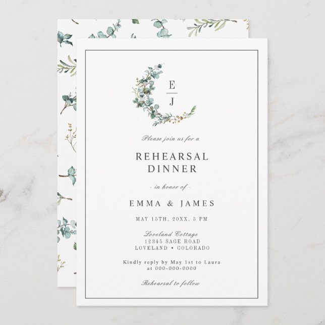 Invitación Moda Eucalyptus Monograma Ensayo de Wreath Cena I (Anverso / Reverso)