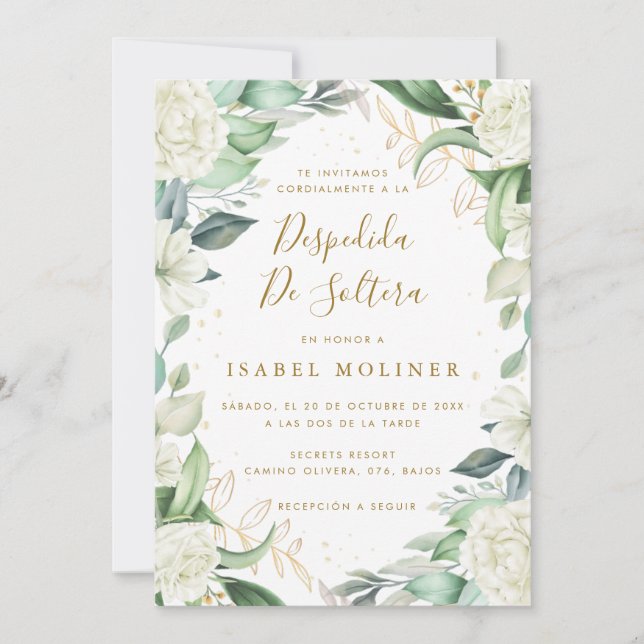 Invitación Moda Eucalyptus Roses Blancos Ducha Bridal Español (Anverso)