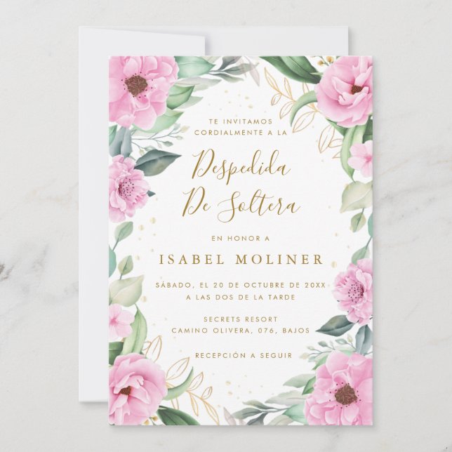 Invitación Moda Eucalyptus Roses Rosa Ducha Nodal Española (Anverso)