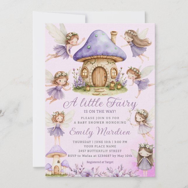 Invitación Moda Fairy Purple lindo Floral Garden Baby Shower (Anverso)