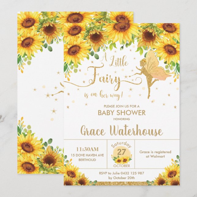 Invitación Moda Fairy Sunflower Floral Baby Shower Chica (Anverso / Reverso)