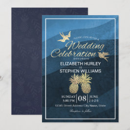 Invitación Moda Faux Gold Pineapple Couple Blue Wave Boda
