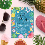 Invitación Moda Fiesta de la piscina verano dulce 16 cumpleañ<br><div class="desc">Una moderna y moda piscina fiesta de verano temática invitación al cumpleaños para los dulces dieciséis con divertidos y coloridos elementos acuáticos como hojas tropicales, coco, gafas de sol, piñas, paletas, conchas, cámara, flores, aguacate, sandía, donut, cerezo y bebida de cóctel. El fondo está decorado con un agua ondulada azul...</div>