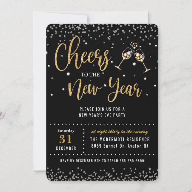 Invitación Moda Fiesta de Nochevieja Purpurina de Oro Negro (Anverso)