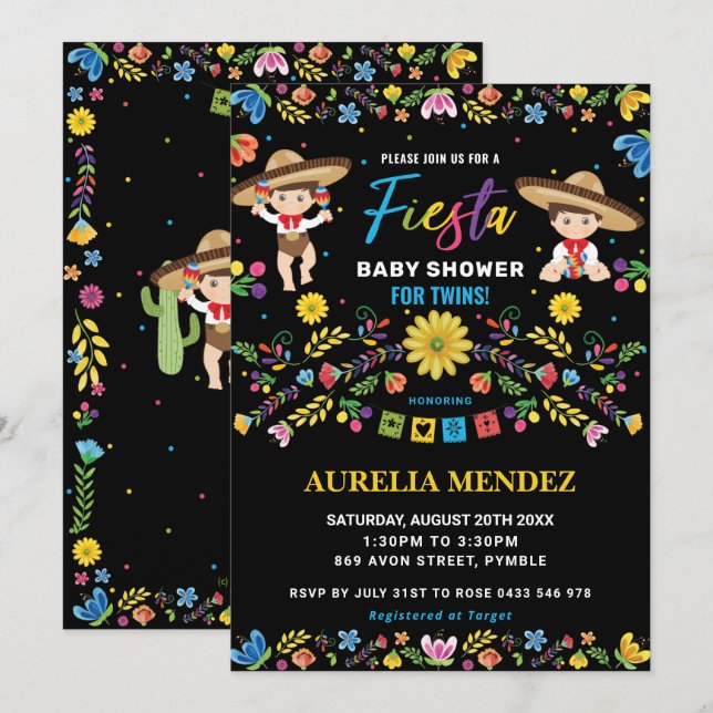 Invitación Moda Fiesta Dos Bebés Mexicanos Ducha Gemelos  (Anverso / Reverso)