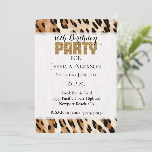 Invitación Moda Fiesta Purpurina de Leopardo de oro de crema  (Anverso de pie)