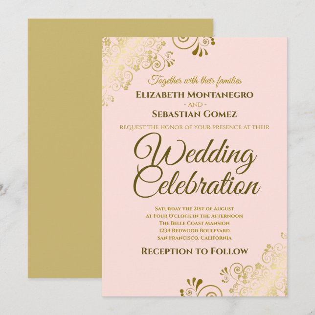 Invitación Moda filigrana dorada Boda rosa Rubor elegante (Anverso / Reverso)