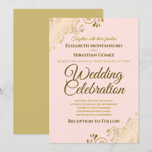 Invitación Moda filigrana dorada Boda rosa Rubor elegante