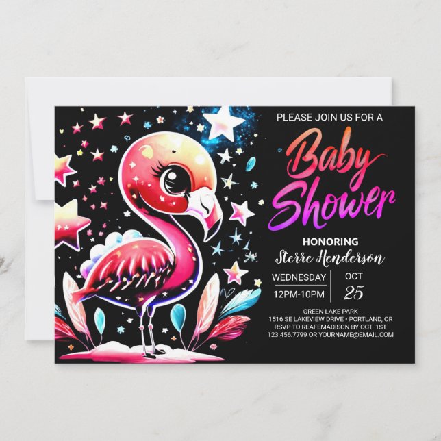 Invitación Moda Flamingo Baby Shower editable (Anverso)