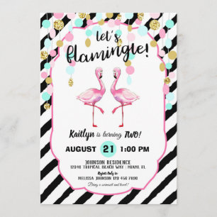 Invitación Moda Flamingo Stripe y Confetti Cumpleaños