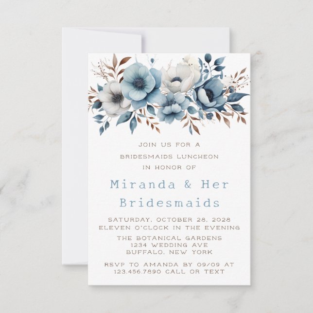 Invitación Moda Flor azul blanca Novias de honor Luncheon (Anverso)