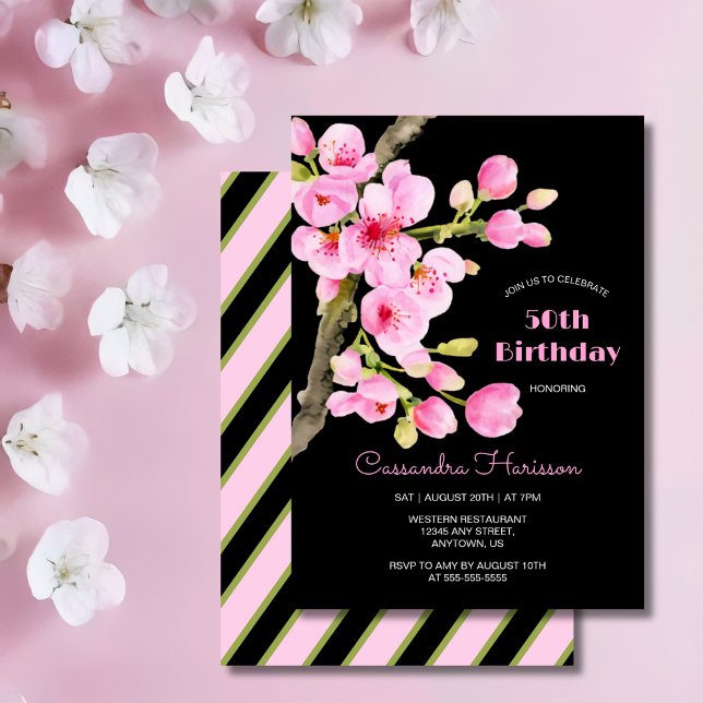 Invitación Moda Flor de cerezo rosa Sakura Cumpleaños Negro (Subido por el creador)