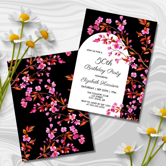 Invitación Moda Flor de cerezo Sakura Cumpleaños Blanco Negro (Subido por el creador)