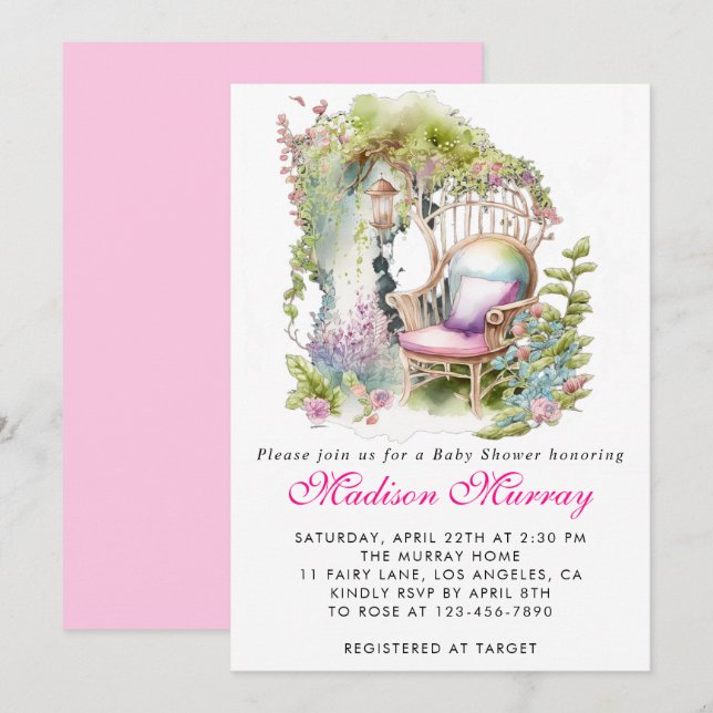Invitación Moda Flor floral rosa Presidente Jardín Baby Showe (Anverso / Reverso)