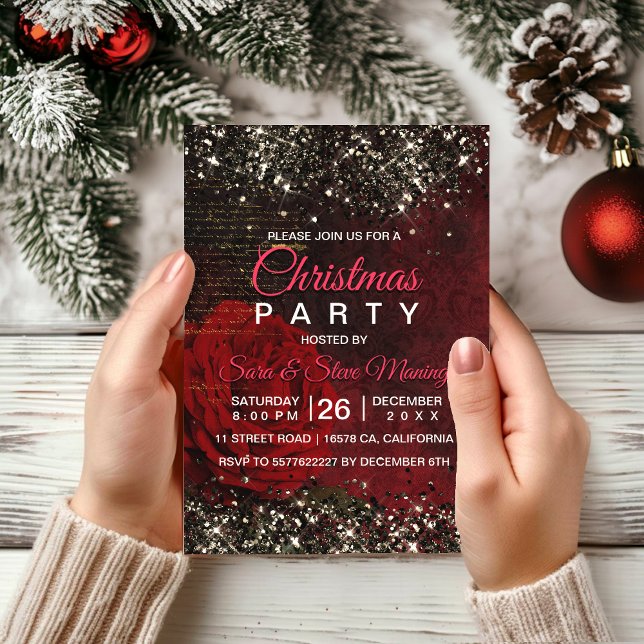Invitación Moda flor roja negro purpurina de oro  Navidades (Subido por el creador)