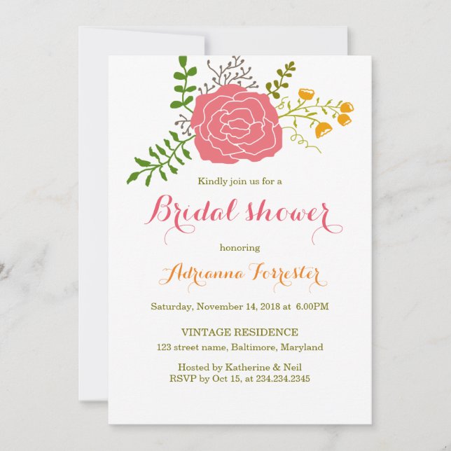 Invitación Moda Flor rosa Verde deja ducha de novia (Anverso)