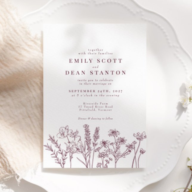 Invitación Moda Flor silvestre Plum Borgoña Boda (Subido por el creador)