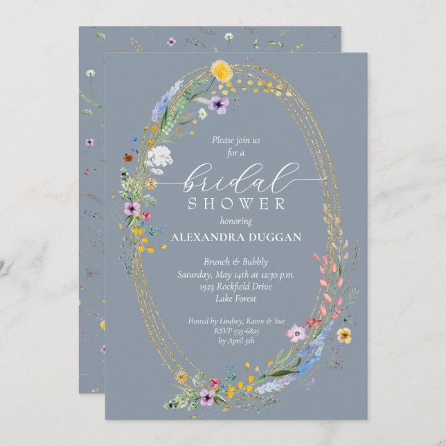 Invitación Moda Flor silvestre Wreath Dusty Blue Bridal Showe (Anverso / Reverso)