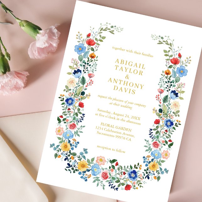 Invitación Moda Flor silvestre Wreath Gold Script Boda Jardín (Subido por el creador)