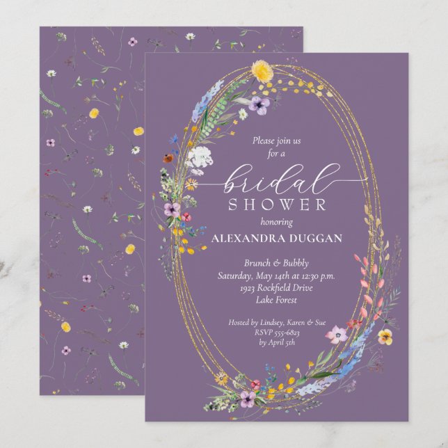 Invitación Moda Flor silvestre Wreath Purple Bridal Shower (Anverso / Reverso)