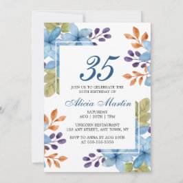Invitación Moda Flora Azul Verdor Cualquier Edad Cumpleaños