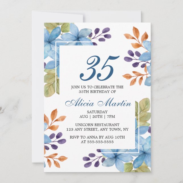 Invitación Moda Flora Azul Verdor Cualquier Edad Cumpleaños (Anverso)