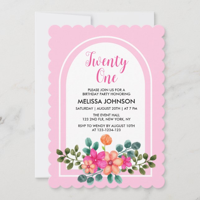 Invitación Moda Flora de primavera verde suave rosa 21 cumple (Anverso)