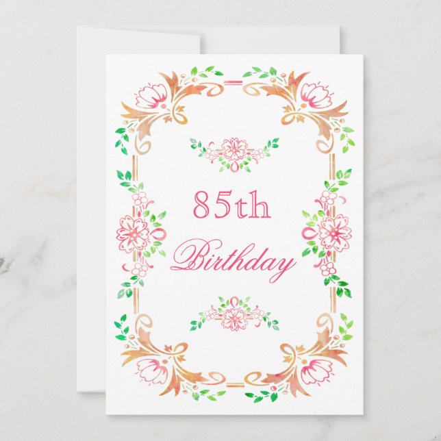 Invitación Moda Floral acuarela 85 cumpleaños doble cara (Anverso)