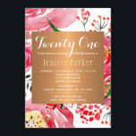 Invitación Moda floral acuarela fiesta de cumpleaños glam<br><div class="desc">Estilo romántico glamoroso femenino veintiuno (escritura editable! - se puede cambiar la edad) moda de fiesta de cumpleaños y elegante plantilla monogramada de invitación floral colorida metálica con peonías acuarelas en rojo y tonos de rubor, fucsia y rosa magenta con hojas verdes pequeñas y un marco cuadrado de gradiente brillante...</div>