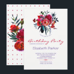 Invitación Moda floral acuarela ramo fiesta de cumpleaños<br><div class="desc">Plantilla de invitación para la fiesta de cumpleaños femenina floral con hermosas rosas de peones ramo de rojo, borgoña, rubor rosa, magenta, azul marino de medianoche y flores bohemias violetas, plumas y follaje con un texto de escritura moderno y cambiable. — La invitación es ideal para la primavera rústica bohemia...</div>