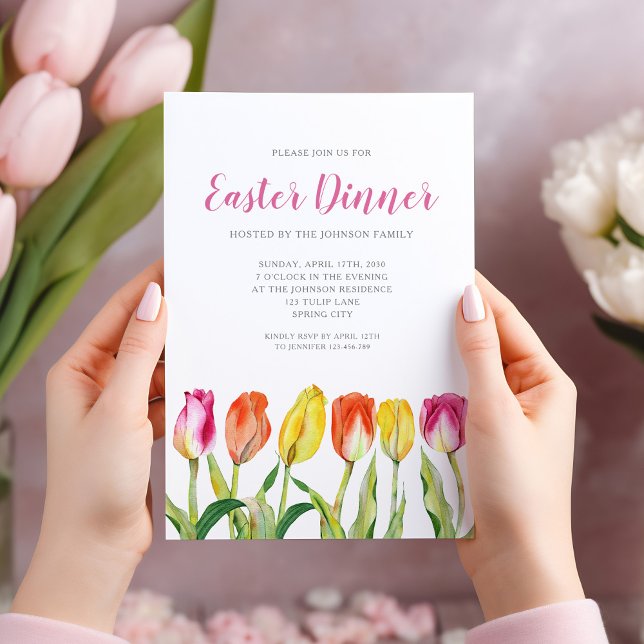 Invitación Moda Floral acuarela Tulipán Cena de Pascua (Chic Floral Watercolor Tulip Easter Dinner Invitation)