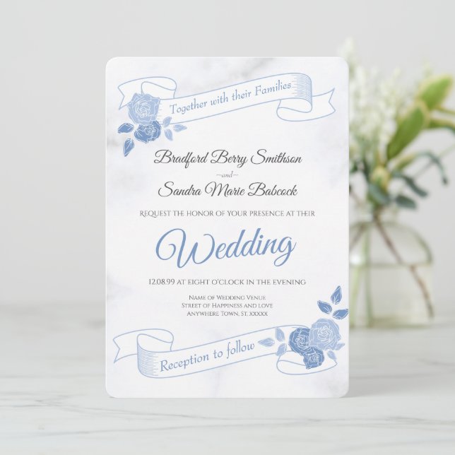Invitación Moda Floral Azul Boda De Mármol Blanco Simple En (Anverso de pie)