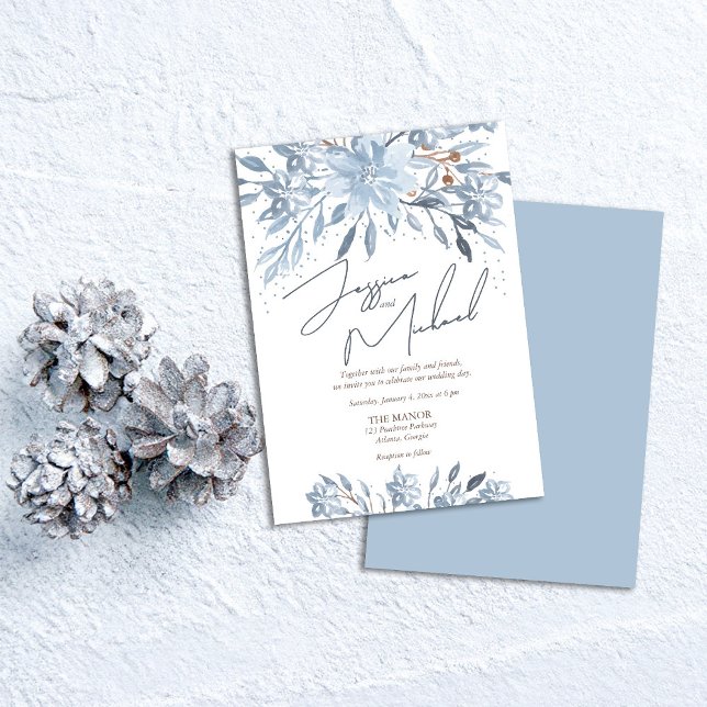 Invitación Moda Floral Azul Dusty  Azul guión Boda del tema i (Subido por el creador)
