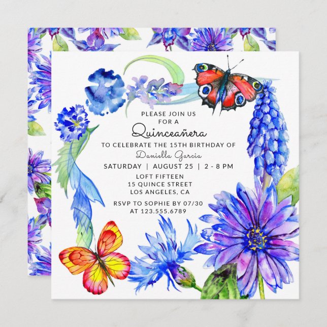 Invitación Moda floral azul mariposa acuarela Quinceañera (Anverso / Reverso)