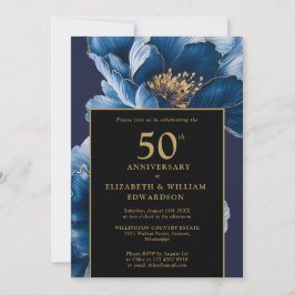 Invitación Moda Floral Azul Negro y Oro 50 Aniversario