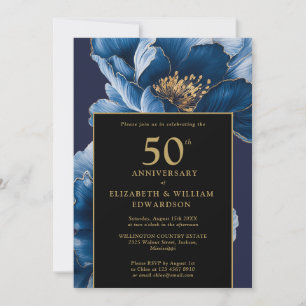Invitación Moda Floral Azul Negro y Oro 50 Aniversario