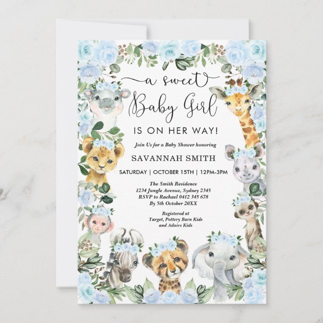 Invitación Moda Floral Azul Safari Chica Baby Shower (Anverso)